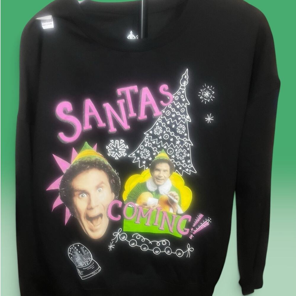 Buddy the Elf Hybrid Christmas "Santa's Coming" Black Multi Sweatshirt NWT Sz XL
